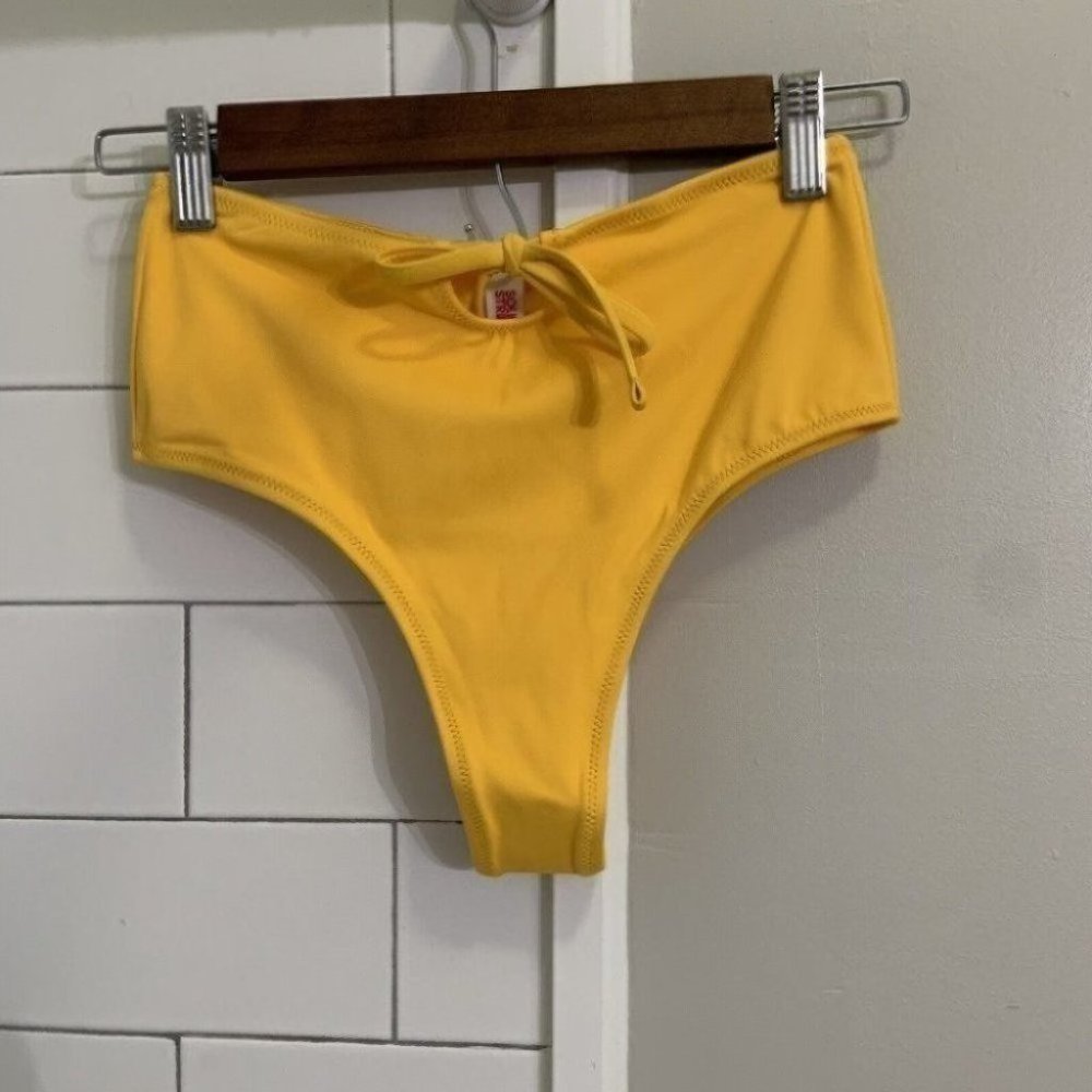 NWT Solid + Striped Yellow High Waisted High Cut Bikini Bottom Small